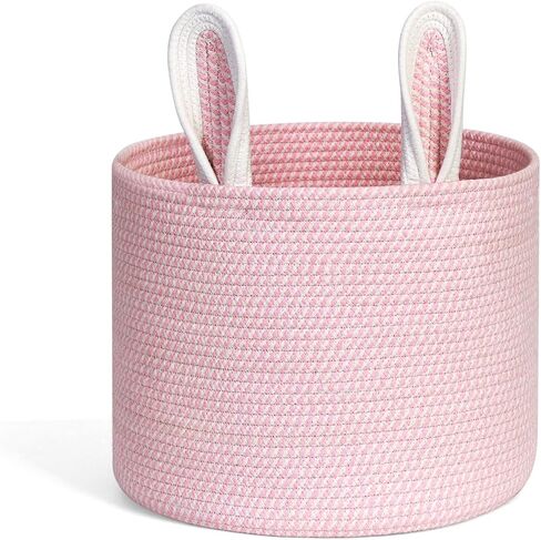 Cotton Rope Basket 15"x15"x18" Large Storage Basket Bin Foldable Laundry Basket Clothes Hamper with Handle Cute Bunny Ears Organizer Woven Storage Baskets for Living Room, 52L, Pink in Kuwait