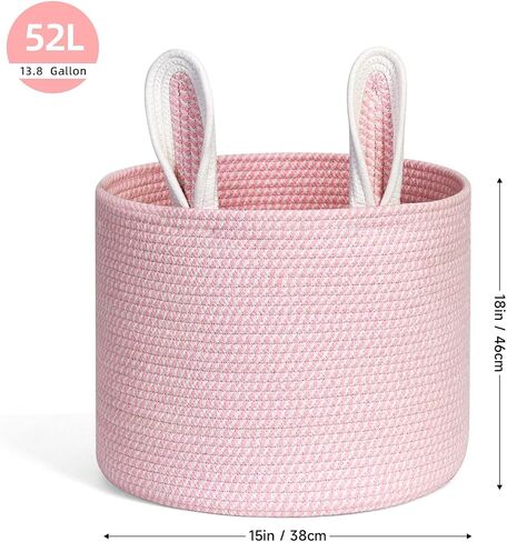 Cotton Rope Basket 15"x15"x18" Large Storage Basket Bin Foldable Laundry Basket Clothes Hamper with Handle Cute Bunny Ears Organizer Woven Storage Baskets for Living Room, 52L, Pink in Kuwait