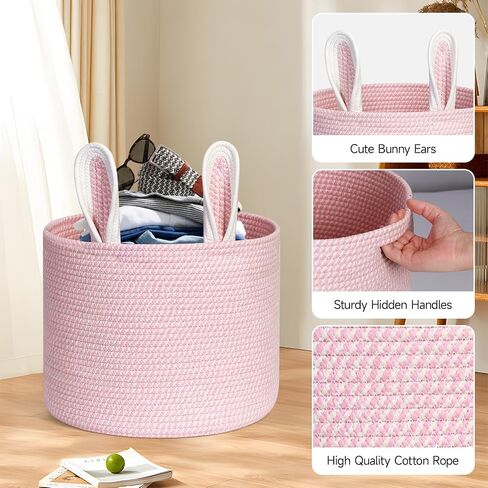 Cotton Rope Basket 15"x15"x18" Large Storage Basket Bin Foldable Laundry Basket Clothes Hamper with Handle Cute Bunny Ears Organizer Woven Storage Baskets for Living Room, 52L, Pink in Kuwait