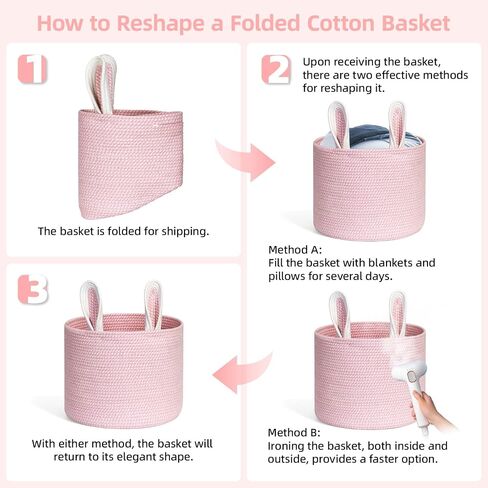 Cotton Rope Basket 15"x15"x18" Large Storage Basket Bin Foldable Laundry Basket Clothes Hamper with Handle Cute Bunny Ears Organizer Woven Storage Baskets for Living Room, 52L, Pink in Kuwait