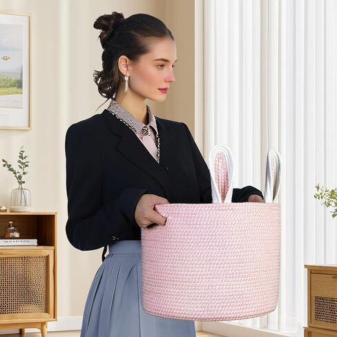 Cotton Rope Basket 15"x15"x18" Large Storage Basket Bin Foldable Laundry Basket Clothes Hamper with Handle Cute Bunny Ears Organizer Woven Storage Baskets for Living Room, 52L, Pink in Kuwait