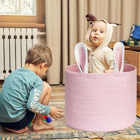 Cotton Rope Basket 15"x15"x18" Large Storage Basket Bin Foldable Laundry Basket Clothes Hamper with Handle Cute Bunny Ears Organizer Woven Storage Baskets for Living Room, 52L, Pink in Kuwait