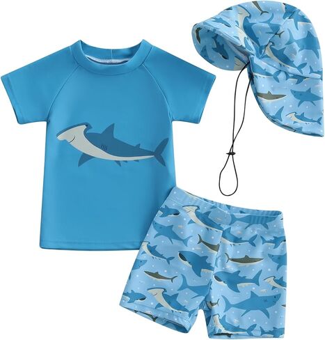 Baby Boy Swimsuit Set Toddler Rash Guard Swimwear Short Sleeve Swim Shirt Trunks with Sunhat 3Pcs Beachwear in Saudi Arabia