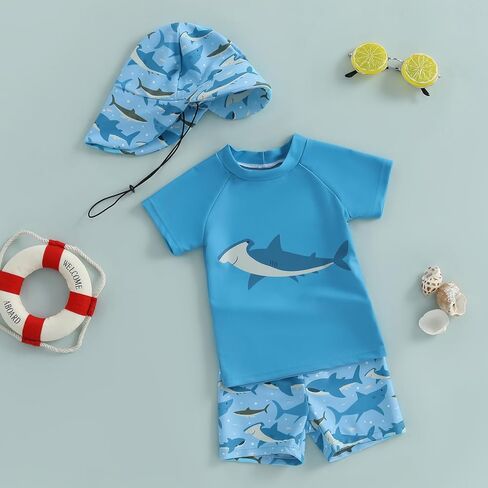 Baby Boy Swimsuit Set Toddler Rash Guard Swimwear Short Sleeve Swim Shirt Trunks with Sunhat 3Pcs Beachwear in Saudi Arabia