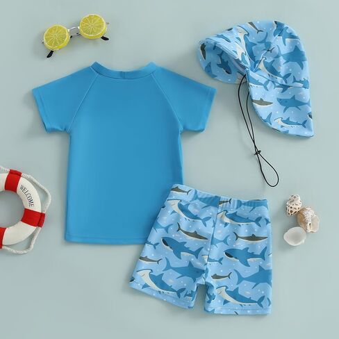 Baby Boy Swimsuit Set Toddler Rash Guard Swimwear Short Sleeve Swim Shirt Trunks with Sunhat 3Pcs Beachwear in Saudi Arabia