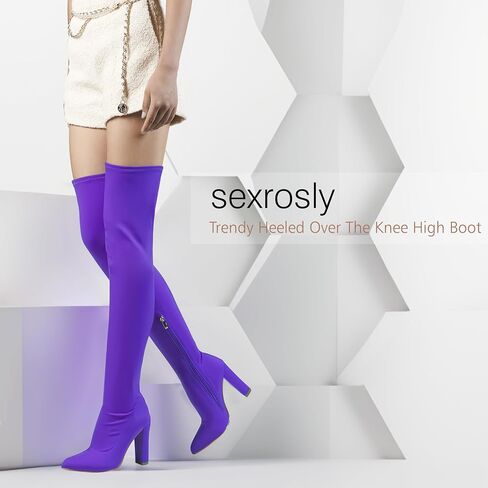 Thigh High Boots for Women Chunky High Heel Over The Knee Boots Stretch Pointed Toe GO GO Knee High Boot in Saudi Arabia