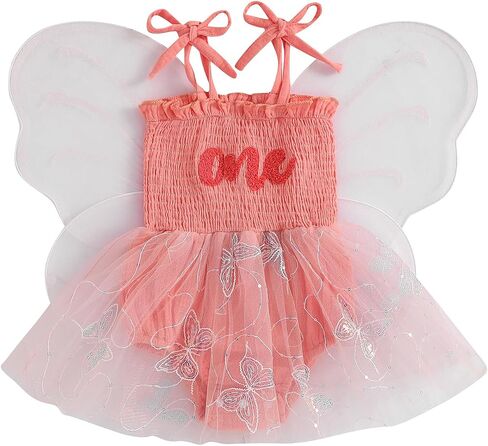 Dcohmch Fairy 1st Birthday Girl Outfit Tie-up Tull Romper Dress with Butterfly Wings Cake Smash Photo Shoot Clothes in Kuwait