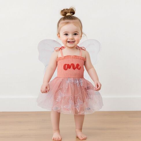 Dcohmch Fairy 1st Birthday Girl Outfit Tie-up Tull Romper Dress with Butterfly Wings Cake Smash Photo Shoot Clothes in Kuwait