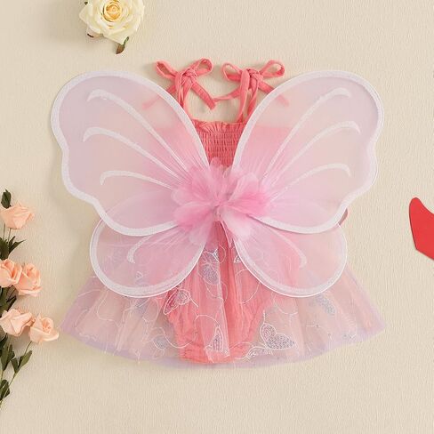 Dcohmch Fairy 1st Birthday Girl Outfit Tie-up Tull Romper Dress with Butterfly Wings Cake Smash Photo Shoot Clothes in Kuwait