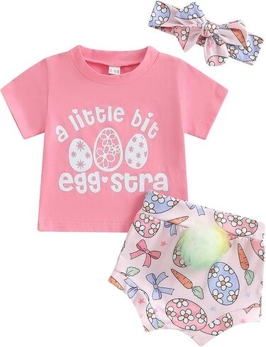 Hekkomird Baby Girl Easter Outfits Cute Letter Short Sleeve T-Shirt Top Bunny Shorts Bow Headband Infant Summer Clothes in Saudi Arabia