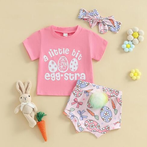 Hekkomird Baby Girl Easter Outfits Cute Letter Short Sleeve T-Shirt Top Bunny Shorts Bow Headband Infant Summer Clothes in Saudi Arabia