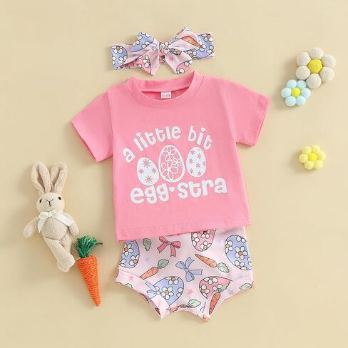 Hekkomird Baby Girl Easter Outfits Cute Letter Short Sleeve T-Shirt Top Bunny Shorts Bow Headband Infant Summer Clothes in Saudi Arabia