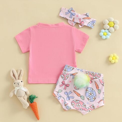 Hekkomird Baby Girl Easter Outfits Cute Letter Short Sleeve T-Shirt Top Bunny Shorts Bow Headband Infant Summer Clothes in Saudi Arabia