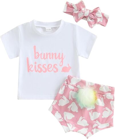 Hekkomird Baby Girl Easter Outfits Cute Letter Short Sleeve T-Shirt Top Bunny Shorts Bow Headband Infant Summer Clothes in Saudi Arabia