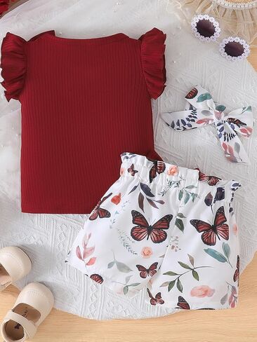 SUREPOCH Toddler Baby Girl Clothes Summer Outfits Ruffled Knit Sleeveless Top Cute Shorts Set Perfect Gifts for Baby Girls in Saudi Arabia