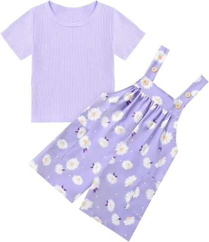 Toddler Baby Girl Summer Outfit Short Sleeve Ribbed Tops + Flower Suspender Overalls Shorts Set Kids Cute Clothes in Saudi Arabia