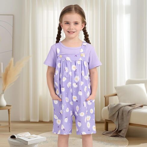 Toddler Baby Girl Summer Outfit Short Sleeve Ribbed Tops + Flower Suspender Overalls Shorts Set Kids Cute Clothes in Saudi Arabia