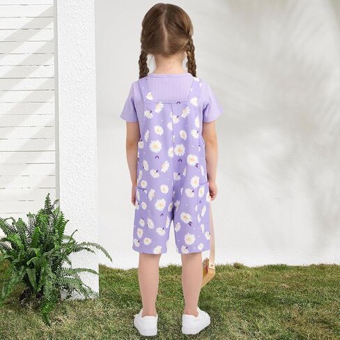 Toddler Baby Girl Summer Outfit Short Sleeve Ribbed Tops + Flower Suspender Overalls Shorts Set Kids Cute Clothes in Saudi Arabia