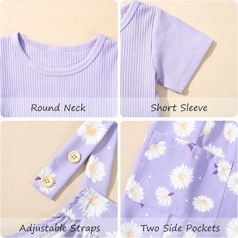 Toddler Baby Girl Summer Outfit Short Sleeve Ribbed Tops + Flower Suspender Overalls Shorts Set Kids Cute Clothes in Saudi Arabia
