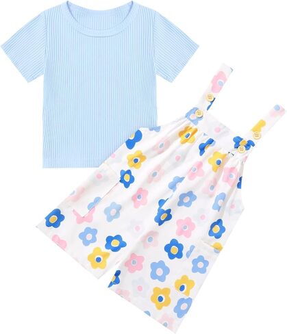 Toddler Baby Girl Summer Outfit Short Sleeve Ribbed Tops + Flower Suspender Overalls Shorts Set Kids Cute Clothes in Saudi Arabia