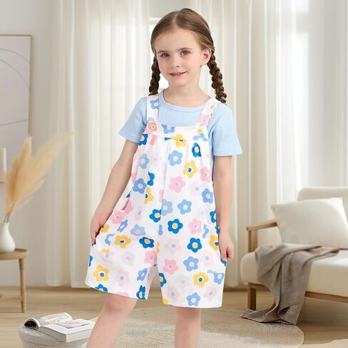 Toddler Baby Girl Summer Outfit Short Sleeve Ribbed Tops + Flower Suspender Overalls Shorts Set Kids Cute Clothes in Saudi Arabia