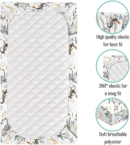 Baby Boy Girl Standard Crib Sheet Covers Dragon Tale Castle, Watercolor Green Moon Cloud Star Tree Snug Fitted Toddler Mattress Sheet, Soft Stretchy Breathable Kid Nursery Bed Decor Gift 52x28 in Kuwait