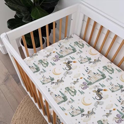 Baby Boy Girl Standard Crib Sheet Covers Dragon Tale Castle, Watercolor Green Moon Cloud Star Tree Snug Fitted Toddler Mattress Sheet, Soft Stretchy Breathable Kid Nursery Bed Decor Gift 52x28 in Kuwait