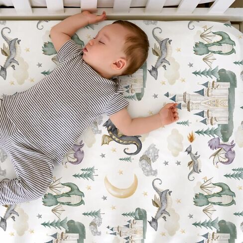Baby Boy Girl Standard Crib Sheet Covers Dragon Tale Castle, Watercolor Green Moon Cloud Star Tree Snug Fitted Toddler Mattress Sheet, Soft Stretchy Breathable Kid Nursery Bed Decor Gift 52x28 in Kuwait