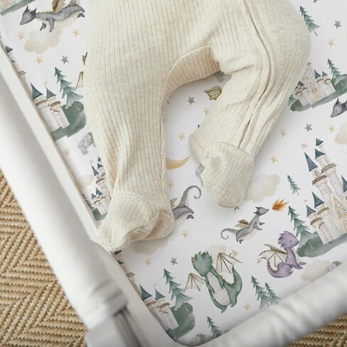 Baby Boy Girl Standard Crib Sheet Covers Dragon Tale Castle, Watercolor Green Moon Cloud Star Tree Snug Fitted Toddler Mattress Sheet, Soft Stretchy Breathable Kid Nursery Bed Decor Gift 52x28 in Kuwait