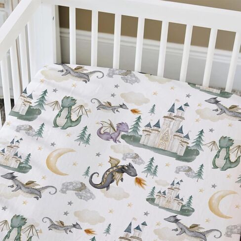 Baby Boy Girl Standard Crib Sheet Covers Dragon Tale Castle, Watercolor Green Moon Cloud Star Tree Snug Fitted Toddler Mattress Sheet, Soft Stretchy Breathable Kid Nursery Bed Decor Gift 52x28 in Kuwait