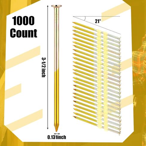Pasimy 1000 Per Box Framing Nails 21 EG Degree Smooth Shank Plastic Collated Nails Galvanized Full Round Head Framing Nails for Framing Nailer(3-1/2 Inch X 0.131 Inch) in Kuwait