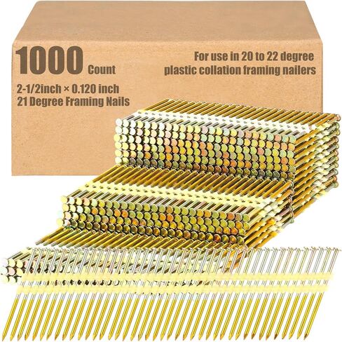 Pasimy 1000 Per Box Framing Nails 21 EG Degree Smooth Shank Plastic Collated Nails Galvanized Full Round Head Framing Nails for Framing Nailer(3-1/2 Inch X 0.131 Inch) in Kuwait