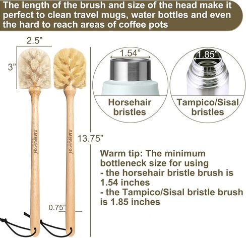 Bottle Brush Cleaner with Horsehair Bristles, 13-3/4 Inch Long Wood Handle Natural Cleaning Brush Cleans and Scrubs Wide Mouth Jars, Glasses, Vases, Mugs and Pitchers in Saudi Arabia