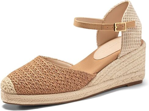 Coutgo Womens Platform Wedge Sandals Espadrilles Raffia Closed Toe Heels Ankle Buckle Strap Summer Beach Shoes in Saudi Arabia