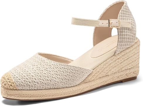 Coutgo Womens Platform Wedge Sandals Espadrilles Raffia Closed Toe Heels Ankle Buckle Strap Summer Beach Shoes in Saudi Arabia