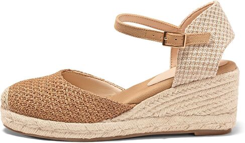Coutgo Womens Platform Wedge Sandals Espadrilles Raffia Closed Toe Heels Ankle Buckle Strap Summer Beach Shoes in Saudi Arabia