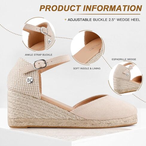 BCTEX COLL Women's Espadrilles Wedge Sandals Ankle Strap Platform Closed Toe Dressy Shoes in Kuwait