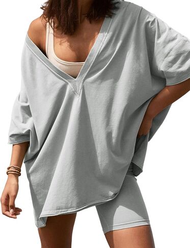 2 Two Piece Outfits for Women Summer Oversized Workout V Neck T Shirts Biker Shorts Matching Sets(DustyPurple-S) in Kuwait