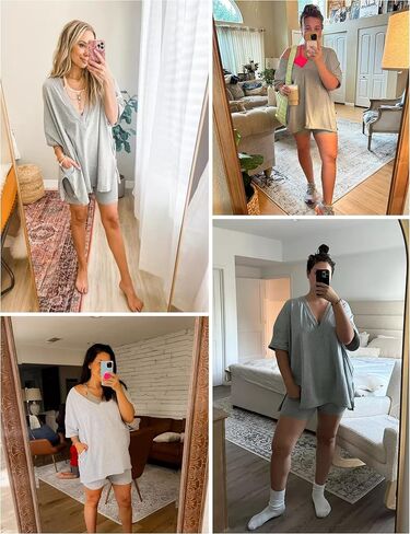 2 Two Piece Outfits for Women Summer Oversized Workout V Neck T Shirts Biker Shorts Matching Sets(DustyPurple-S) in Kuwait
