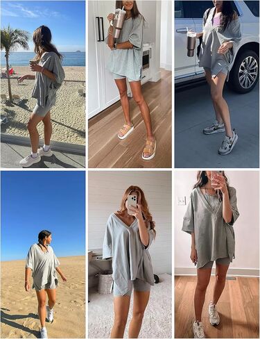 2 Two Piece Outfits for Women Summer Oversized Workout V Neck T Shirts Biker Shorts Matching Sets(DustyPurple-S) in Kuwait