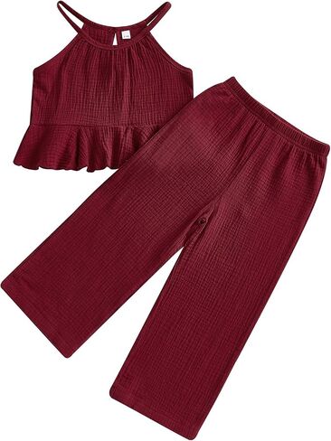 Toddler Girls Clothes Solid Color Sleeveless Camisole Linen Pants Set Toddler Baby Summer Outfits Ruffle Halter Tops in Saudi Arabia