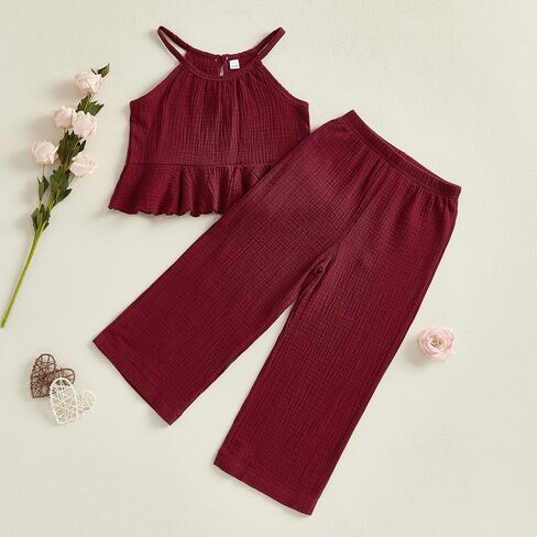 Toddler Girls Clothes Solid Color Sleeveless Camisole Linen Pants Set Toddler Baby Summer Outfits Ruffle Halter Tops in Saudi Arabia