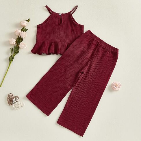 Toddler Girls Clothes Solid Color Sleeveless Camisole Linen Pants Set Toddler Baby Summer Outfits Ruffle Halter Tops in Saudi Arabia
