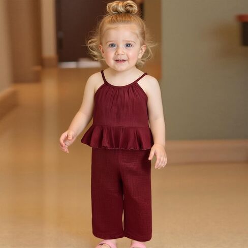 Toddler Girls Clothes Solid Color Sleeveless Camisole Linen Pants Set Toddler Baby Summer Outfits Ruffle Halter Tops in Saudi Arabia