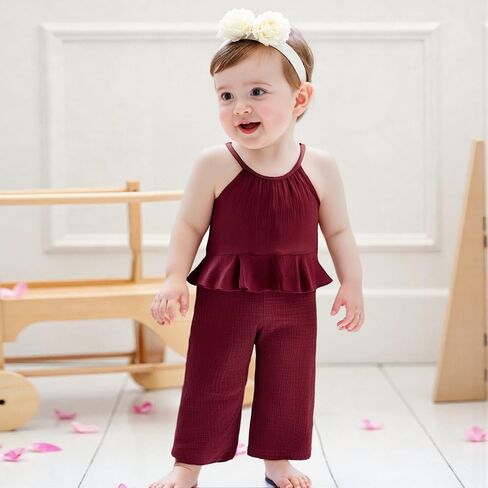 Toddler Girls Clothes Solid Color Sleeveless Camisole Linen Pants Set Toddler Baby Summer Outfits Ruffle Halter Tops in Saudi Arabia