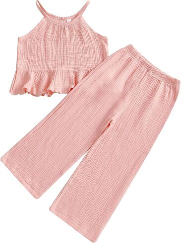 Toddler Girls Clothes Solid Color Sleeveless Camisole Linen Pants Set Toddler Baby Summer Outfits Ruffle Halter Tops in Kuwait