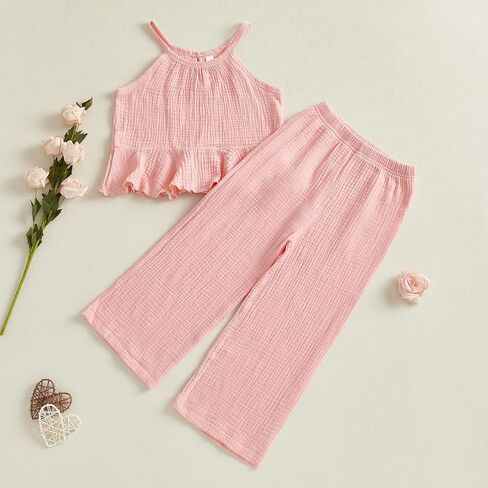 Toddler Girls Clothes Solid Color Sleeveless Camisole Linen Pants Set Toddler Baby Summer Outfits Ruffle Halter Tops in Kuwait