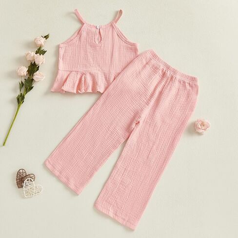 Toddler Girls Clothes Solid Color Sleeveless Camisole Linen Pants Set Toddler Baby Summer Outfits Ruffle Halter Tops in Kuwait