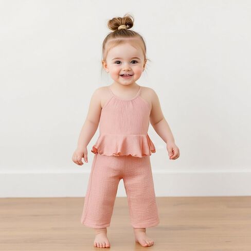 Toddler Girls Clothes Solid Color Sleeveless Camisole Linen Pants Set Toddler Baby Summer Outfits Ruffle Halter Tops in Kuwait