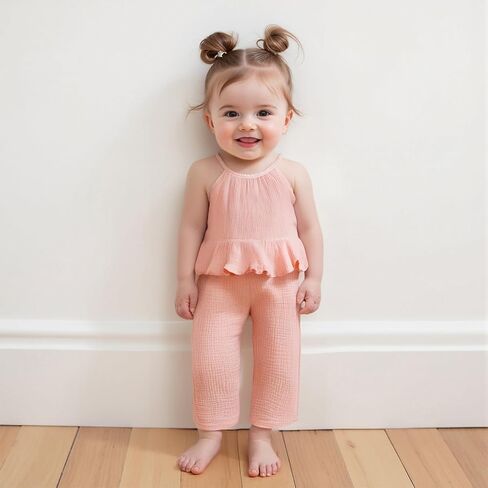 Toddler Girls Clothes Solid Color Sleeveless Camisole Linen Pants Set Toddler Baby Summer Outfits Ruffle Halter Tops in Kuwait